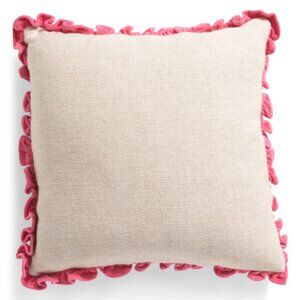 Linen Blend & Cotton Velvet Natural & Pink 20" X 20" Frill Ruffle Throw Pillow